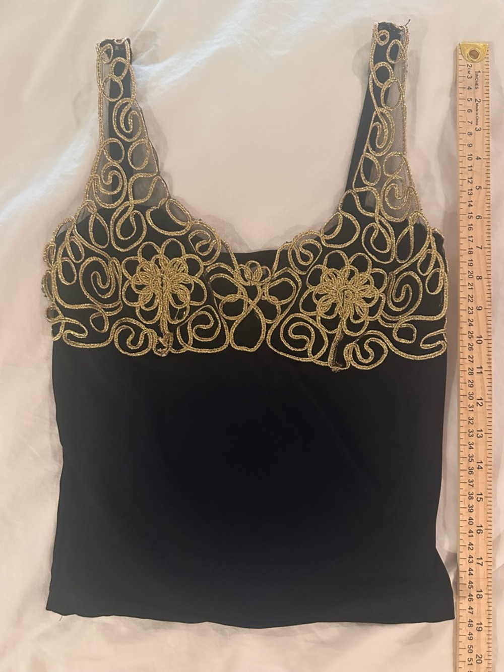 Black Tank Top with Gold Embellished Lace Trim